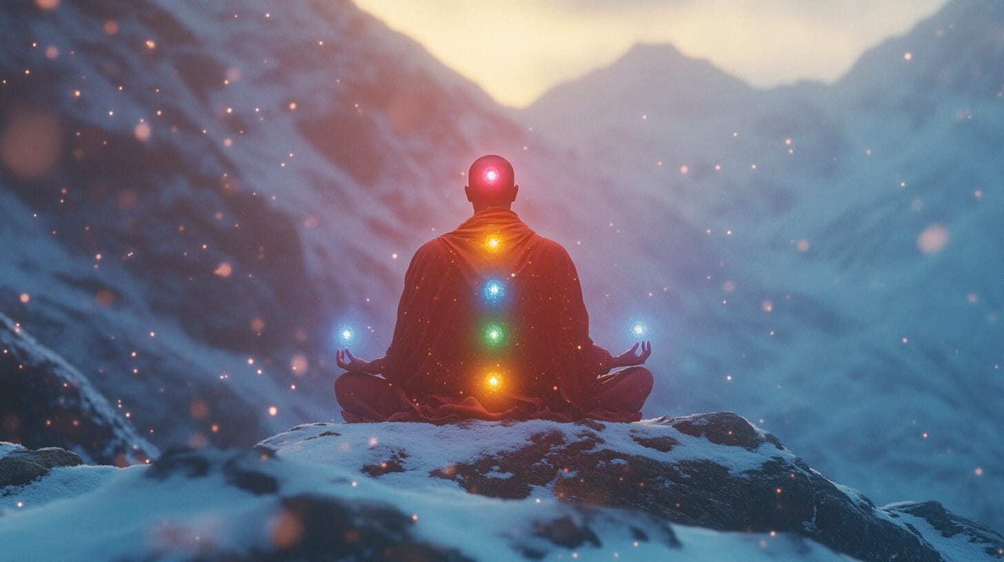 tibetan monk sits in lotus position chakras visible